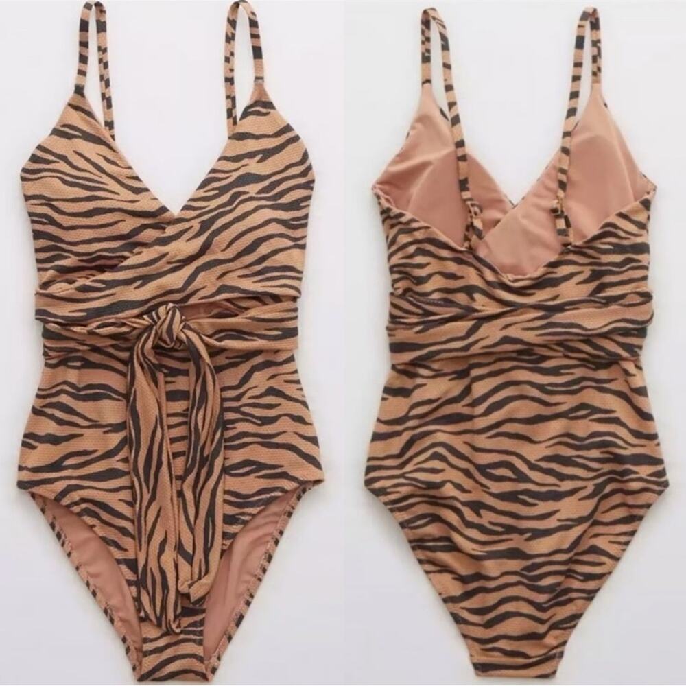 Aerie Pique Animal Print Wrap One Piece Swimsuit size XS
